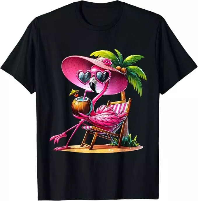 Pink Flamingo Palm Tree Beach Summer Vibes Unisex Tee  