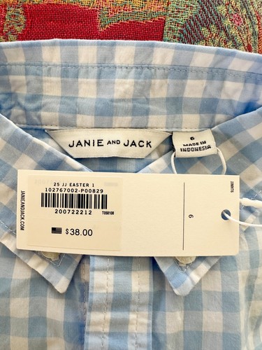 Janie and Jack NWT Lt Blue/White Gingham Shirt Boys Button up Long Sleeve Sz 6 - Picture 6 of 6