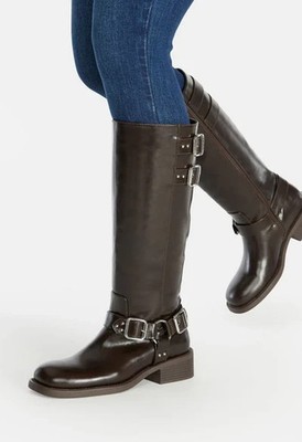 Damen-Kniestiefel, Damen-Schnalle, Biker-Stiefel mit Reißverschluss und flachem