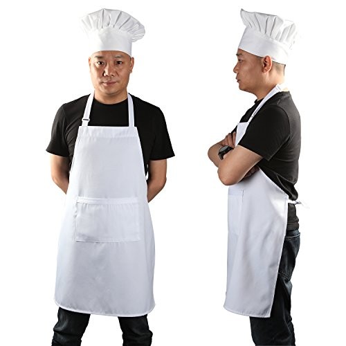 Chef Apron and Hat for Men and Women, Machine 1 Set White Apron and Hat - Picture 1 of 6