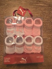 Puma Infant 4 Pairs Pack Pink White Knit Logo Graphic Cuffed Socks Booties 0-12M