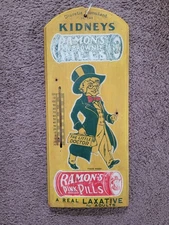 Vintage Ramon's Pink & Brownie Kidney Laxative Pills Wooden Thermometer!