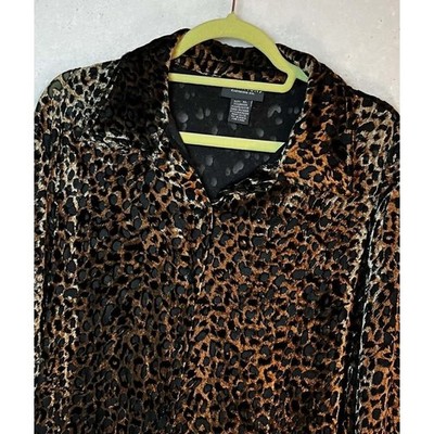 Notations XL Leopard Print Burnout Velvet Button Up Shirt Gold Black 1946300