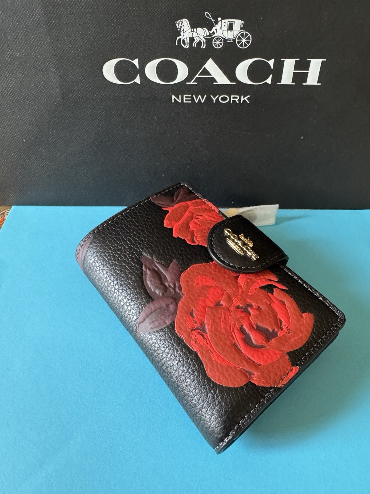 NWT Coach Medium Corner Zip Wallet With Floral Print Leather Black/ Red