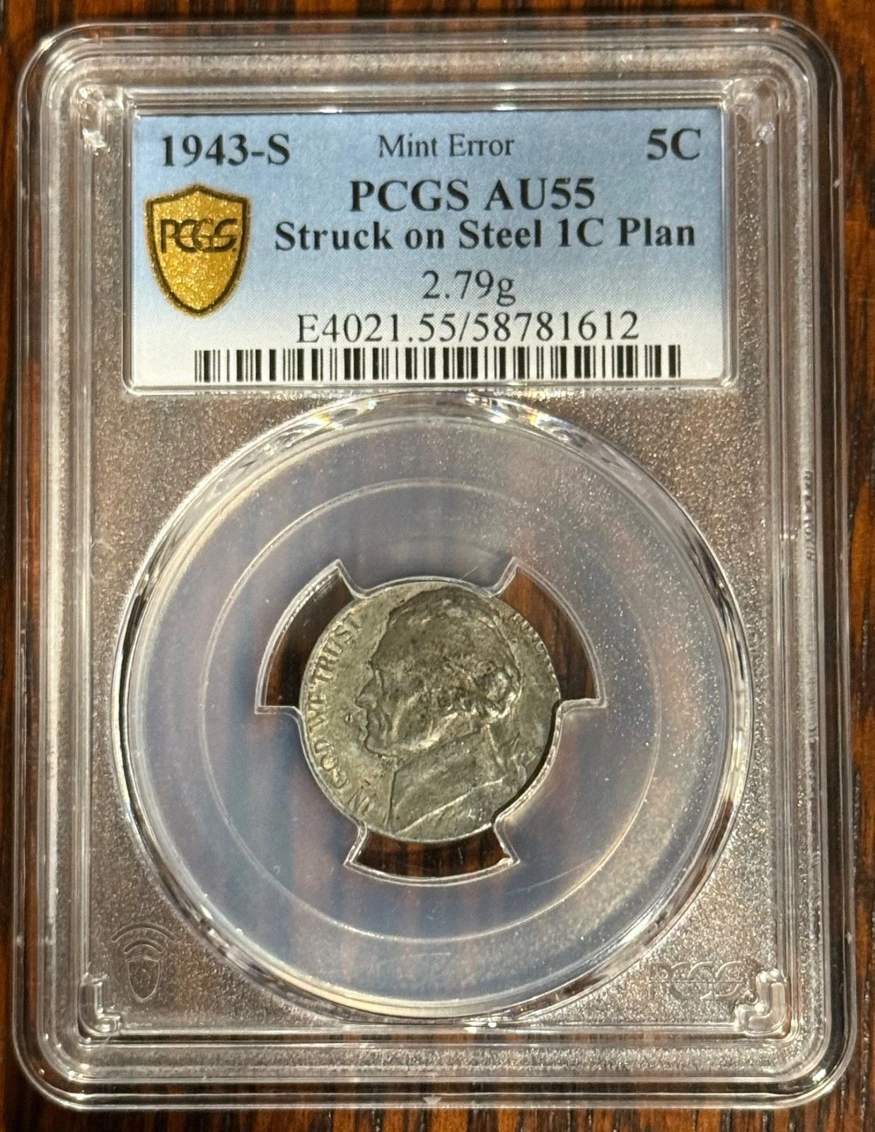 SPECTACULAR RARE 1943S WAR NICKEL STRUCK ON STEEL PENNY PLANCHET PCGS AU55 ERROR