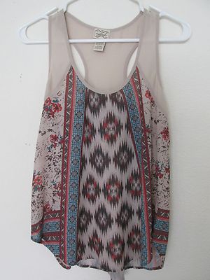 Women's Eyelash Couture Sheer Adobe Racerback Tank Top Taupe, Blue & Red Size XS