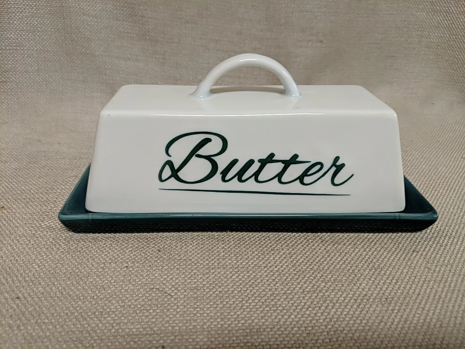 Covered Ceramic Butter Dish - White & Teal