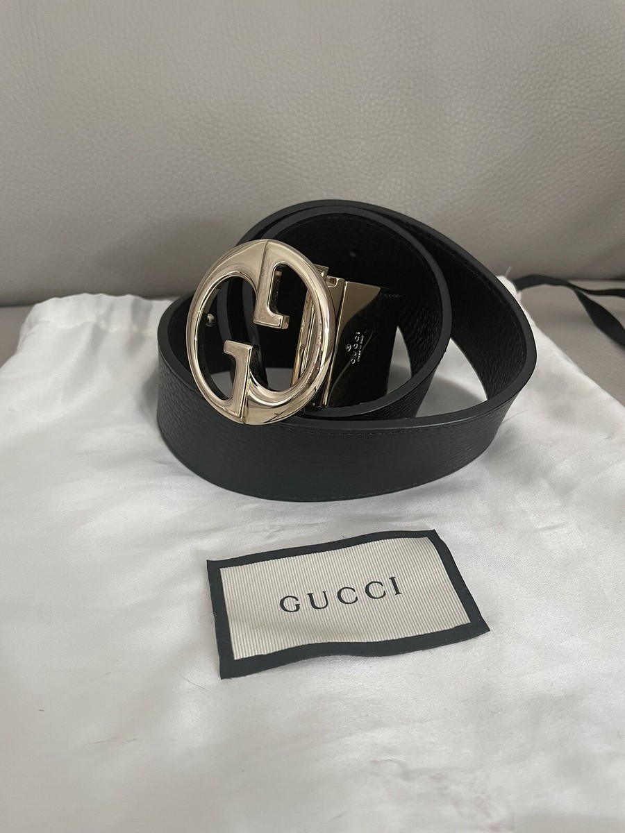 Authentic Gucci Interlocking GG Gold Buckle Black/ Brown Reversible Belt 70