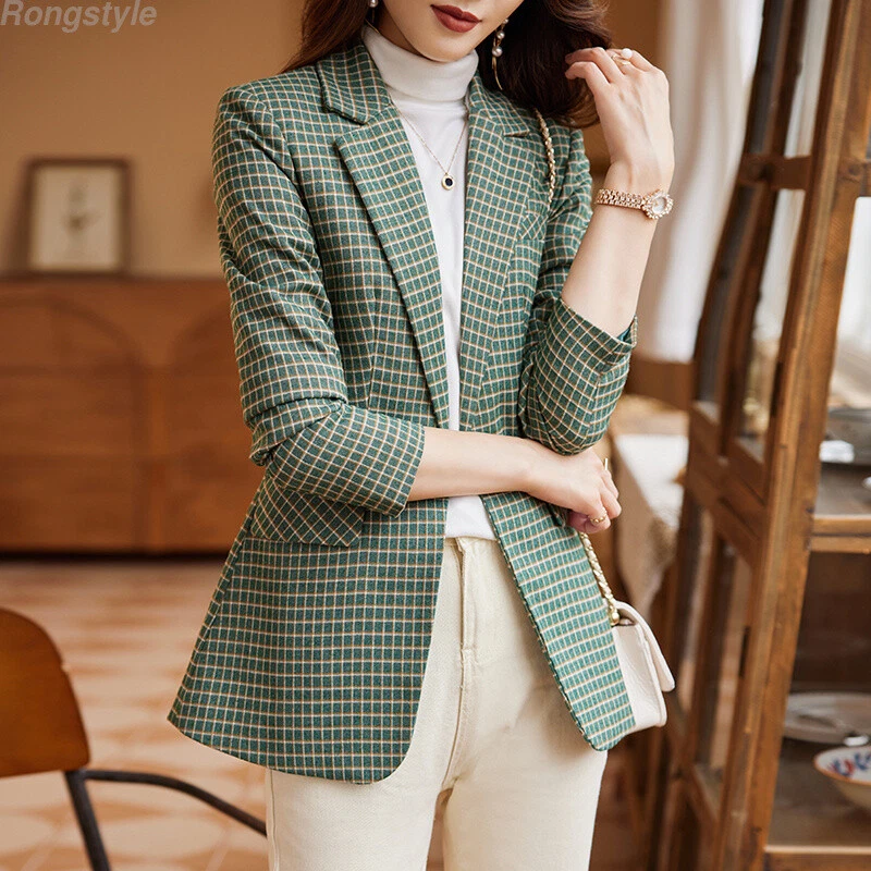 Women Retro Check One Button Fall Spring Casual Workwear Suit Blazer Coat Jacket