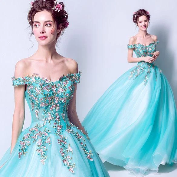New womens flower embroidery wedding dress sky blue ball gown size
