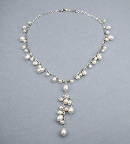 White fresh water rain-drop pearl sterling silver Y necklace. NKL040060 - Picture 1 of 1
