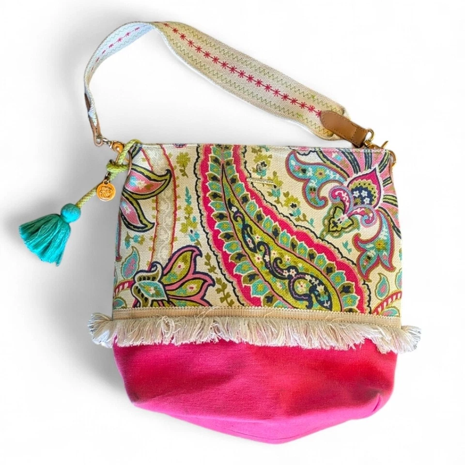 Spartina 449 Salt Meadow Boho Tote with Fringe Linen & Leather Calypso Embroider - Image 4 of 4