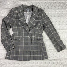 H M Women's Sz 4 Blazer Gray Beige Checked Double Breasted Lined Blazer Jacket