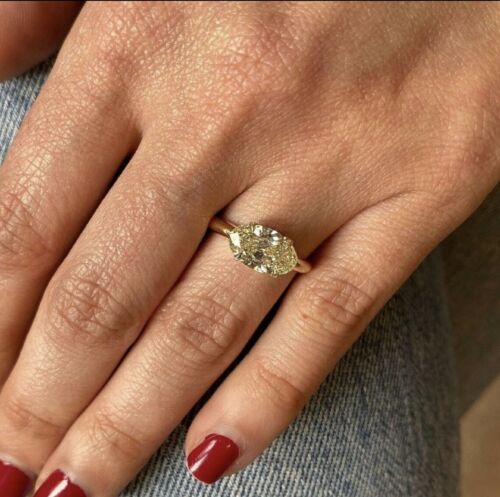 14K Solid Gold 3CT Yellow Diamond Lab created Engagement Ring East West Oval - Picture 2 of 5
