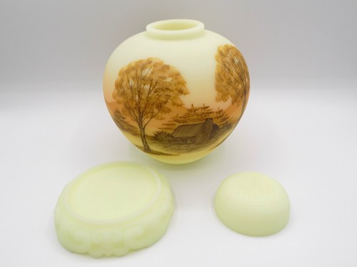 3 PC FENTON SATIN CUSTARD GLASS LOG CABIN GINGER JAR WITH BASE & LID GLOWS! - Picture 21 of 21