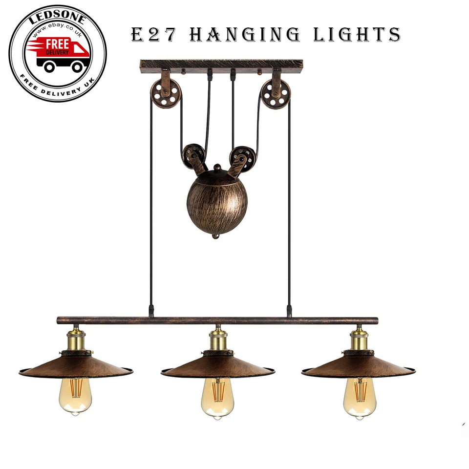 Vintage Ceiling Pendant Light Retro Industrial 3 Lamp E27 Hanging Pulley Lights - Image 2 of 4