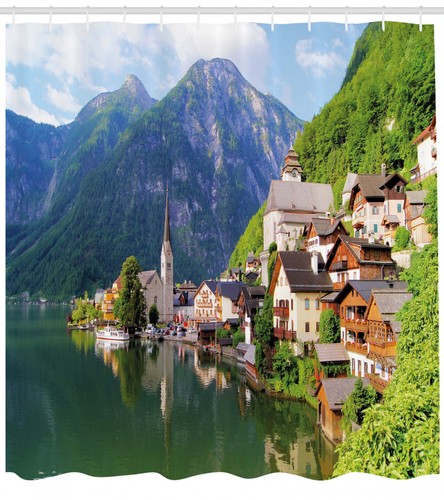 Rustic Shower Curtain Alps Village Small Town Print for Bathroom - Picture 2 of 8