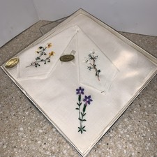 vintage irish linen handkerchiefs wildflower collection Set Of Three NOS