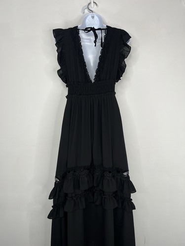 Maxi Vestido Born Nacido en el Báltico con Volantes Calado M Negro Gótico Romántico Elástico - Imagen 6 de 9