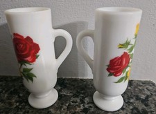 Avon Milk Glass Bud Vases with Red and Yellow Roses Set of 2