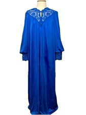 Vtg Matching Blue Nylon Nightgown Robe Medium Long Lace Wide Cuff Bishop Sleeve