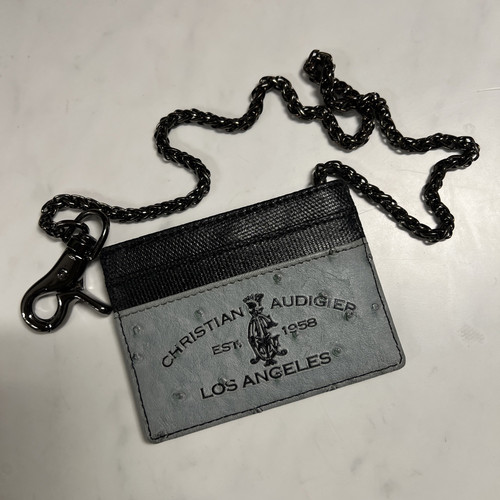 Christian Audigier Ostrich Leather Biker Chain Wallet Card Holder Black Gray