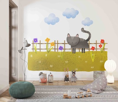 3D Cat Flower Cloud Illustration Self-adhesive Removable Wallpaper Murals