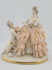 Antique 19th C Dresden Lace Porcelain Figurine Romantic Couple Proposal Germany