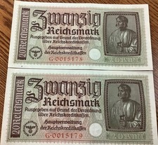 Germany 20 Reichsmark 1940–1945 WWII 2 Consecutive Serial Numbers Used Occupied