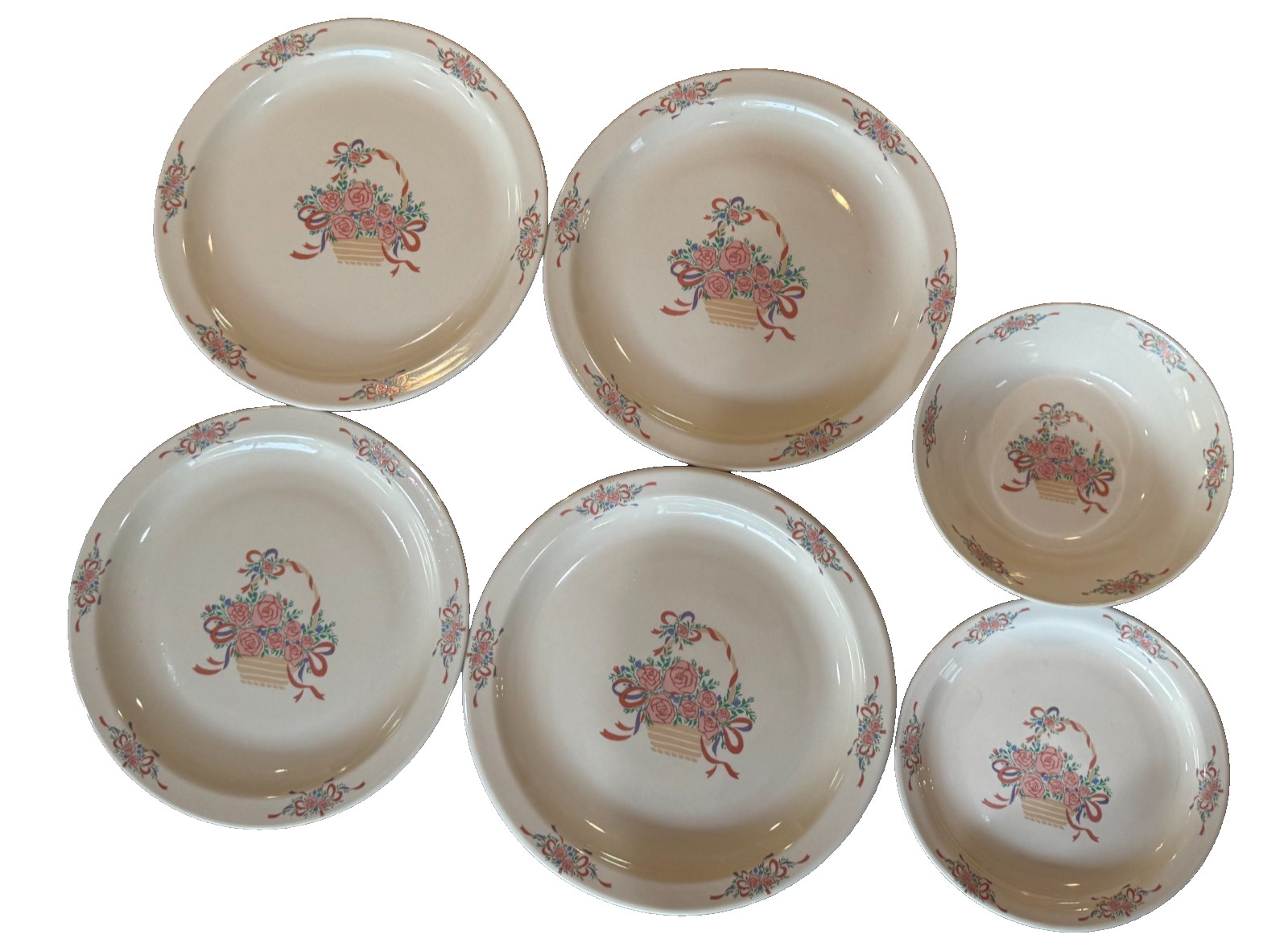 Vintage TRISA Stoneware Floral Plate & Bowl Set 6pc Basket Roses China