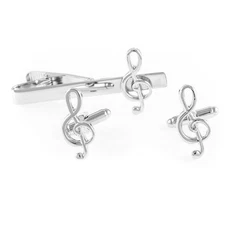 Music Note Cufflinks & Tie Bar Set – Gift Box & Polishing Cloth, Themed Jewelry