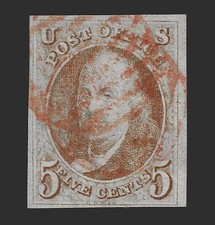 #1 Red Brown with Red Cancel. Crisp, Sound, Four-Margin Stamp with Bright Color.