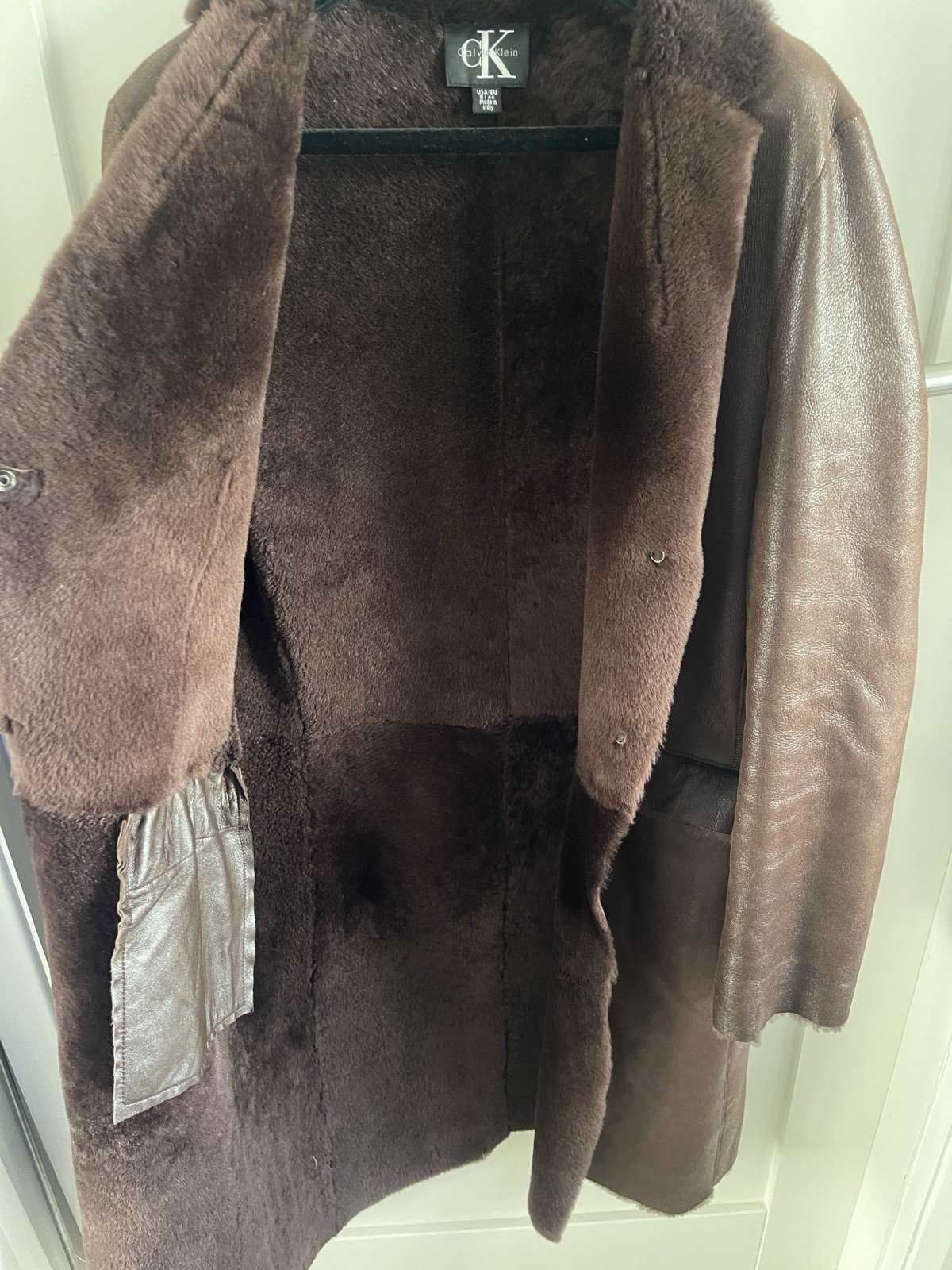 CK Calvin Klein 14 UK Year 2000 Vintage Shearling Leather Designer Coat pristine image 8
