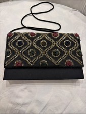Vintage Carla Marchi Beaded Evening Clutch Black Satin Shoulder Bag