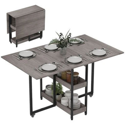 HOMCOM Mesa de Comedor Plegable, Mesa Hoja Caída con Compartimentos Abiertos, Gris
