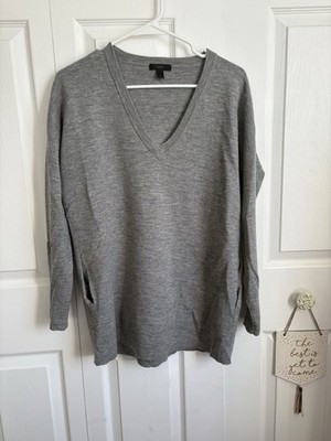 J.Crew Sweater Women Small V-neck Merino Wool Side Pockets Gray Long Line Tunic