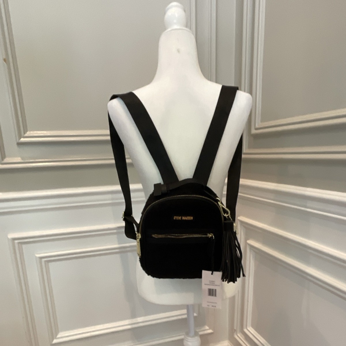 Steve Madden Black Faux Shearling Backpack with Tassel  display picture 2
