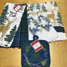 6 Pc Set Christmas Kitchen Towels Pot Holder Blue Green Gold Deer Pinecone NEW
