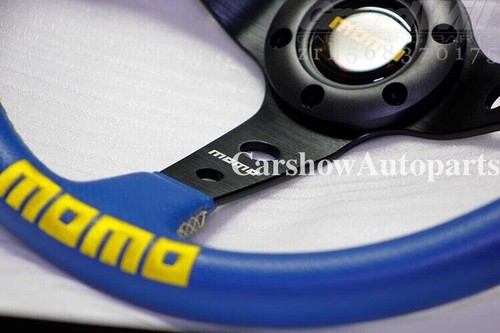 MOMO 350mm 14' Genuine Leather Deep Cone Blue CoverEmbroide Sport Steering Wheel - Picture 5 of 9
