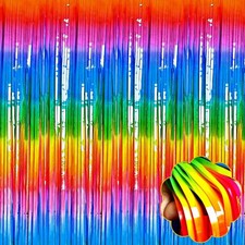 8 Pack Rainbow Tinsel Foil Fringe Curtain Backdrop 3.28Ft x 8.2Ft Metallic St...