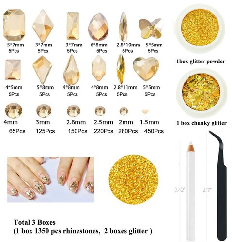 3 Boxes Champagne Nail Rhinestones with Fine Glitters Kit, 60Pcs 3 boxes gold - Picture 4 of 7