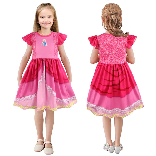 Girls Kids Super Mario Princess Peach Costume Cosplay Fancy Dress Up Pink Outfit - Picture 11 of 31