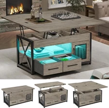 40" Lift Top Coffee Table with Storage Cabinet &LED Light for Dining Room (Grey)