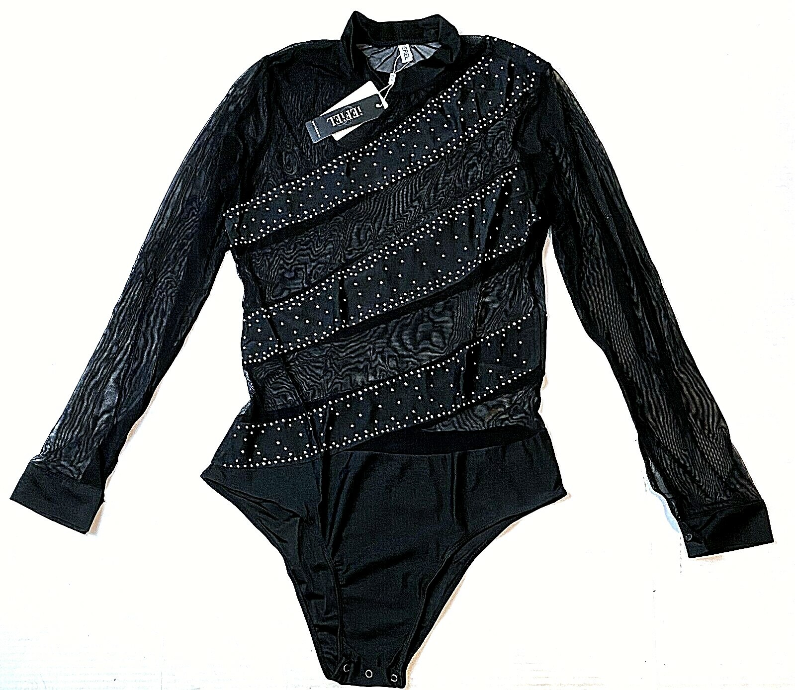 iEFiEL Diagonal Stripe Mesh Bodysuit with Rhinestone Detail, Black, XL