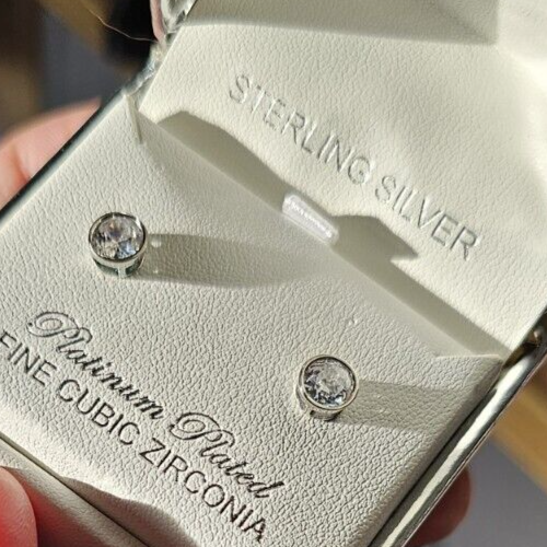 CRISLU Sterling Silver Platinum Plated Clear Cubic Zirconia Stud Earrings - Picture 9 of 13