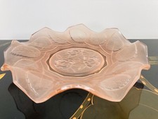 Vintage Art Deco Bagley Pink Frosted Pressed Glass Rose Leaf Plate Ruffled Rim 