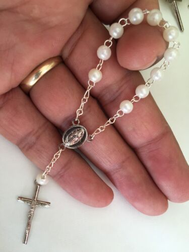 75 Mini Rosary Off White Baptism Favors Vintage Silver/Communion Favors/recuerdo - Picture 1 of 5