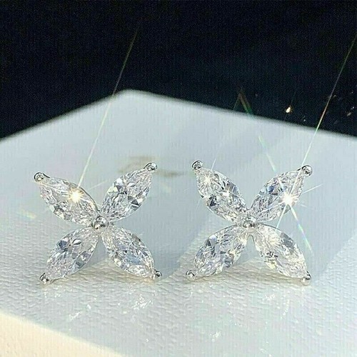 1.50Ct Marquise Cut Lab Created Diamond Flower Earring's 14K White Gold Plated - Picture 4 of 4
