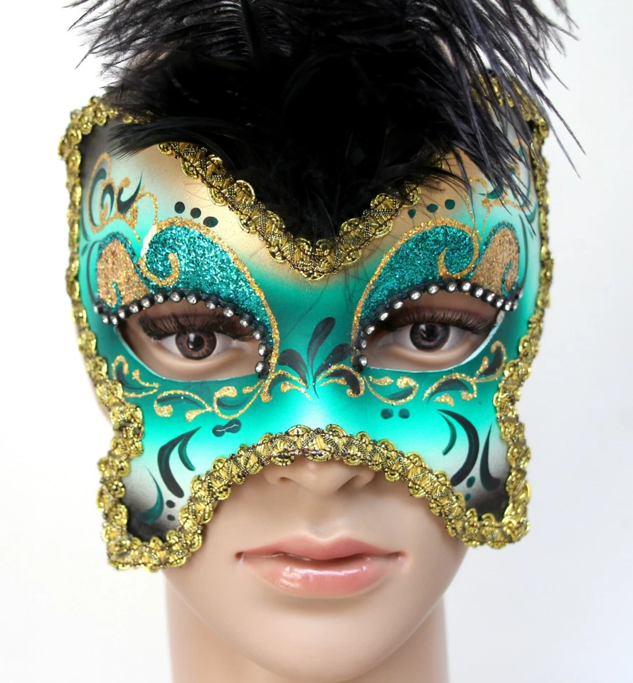 PIER 1 VENEZIA ITALY HANDPAINTED MASQUERADE BLACK FEATHER GREEN GOLD MASK w LACE - Image 2 of 4