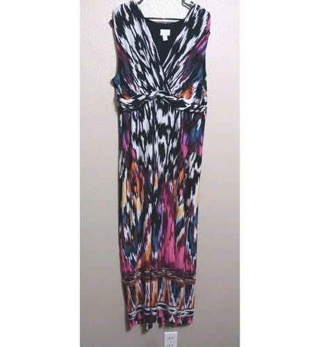 Chico's 3 XL Black Purple Pink Ikat Stretch Knit Maxi Dress
